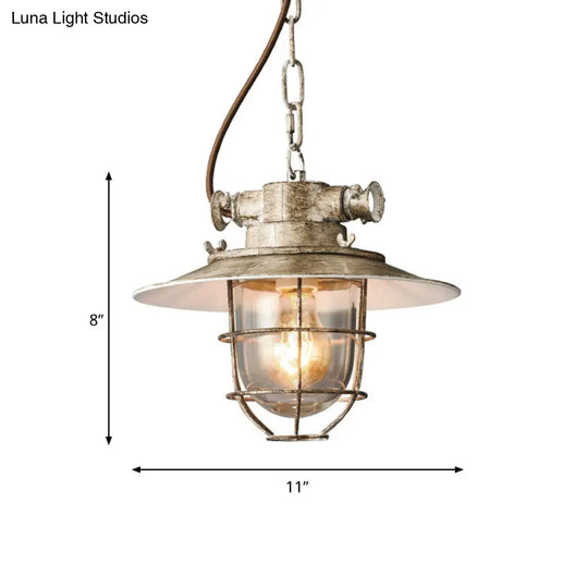 Vintage Silver Down Lighting Industrial Wire Cage Pendant Lamp With Clear Glass Shade