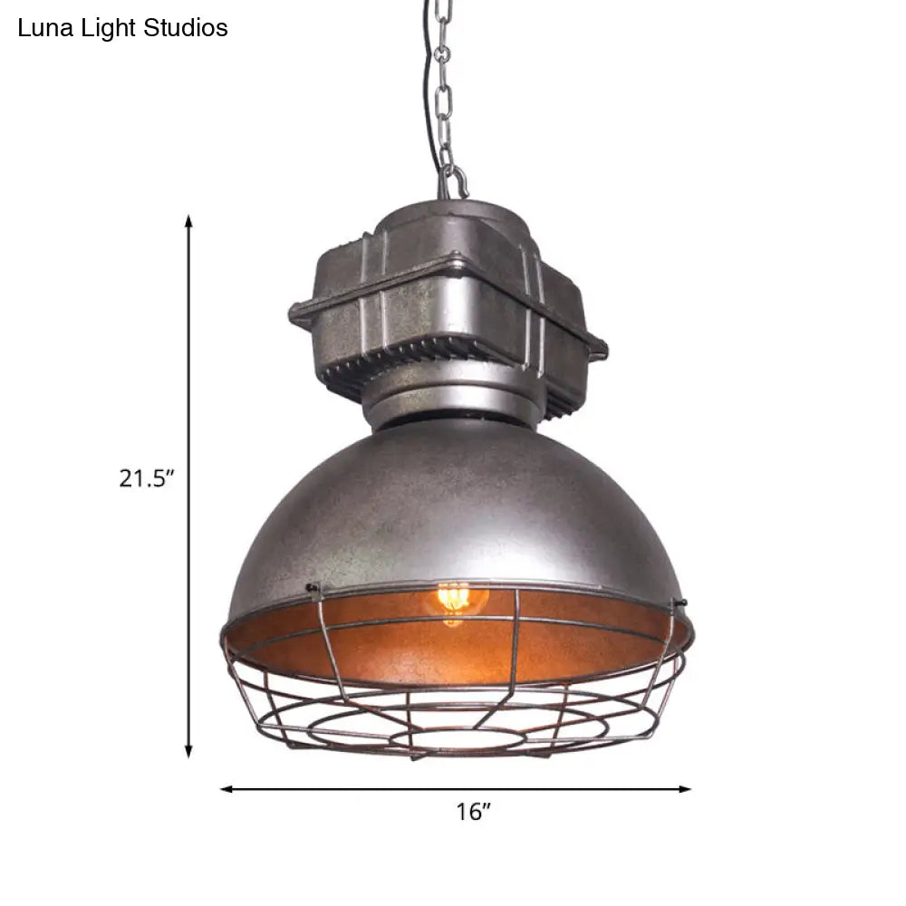 Iron Restaurant Pendant Light With Aged Silver Finish And Wire Guard