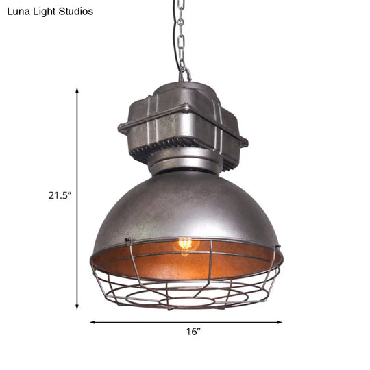Iron Restaurant Pendant Light With Aged Silver Finish And Wire Guard