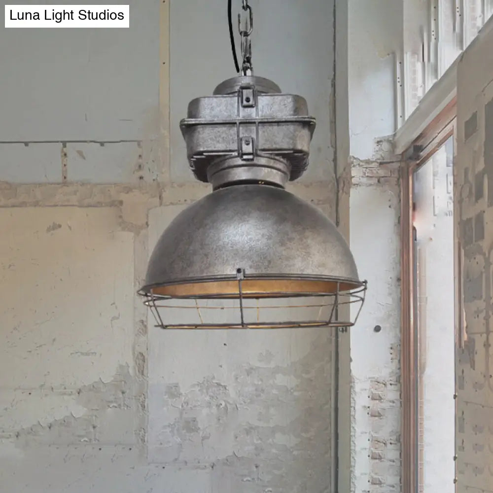 Iron Restaurant Pendant Light With Aged Silver Finish And Wire Guard