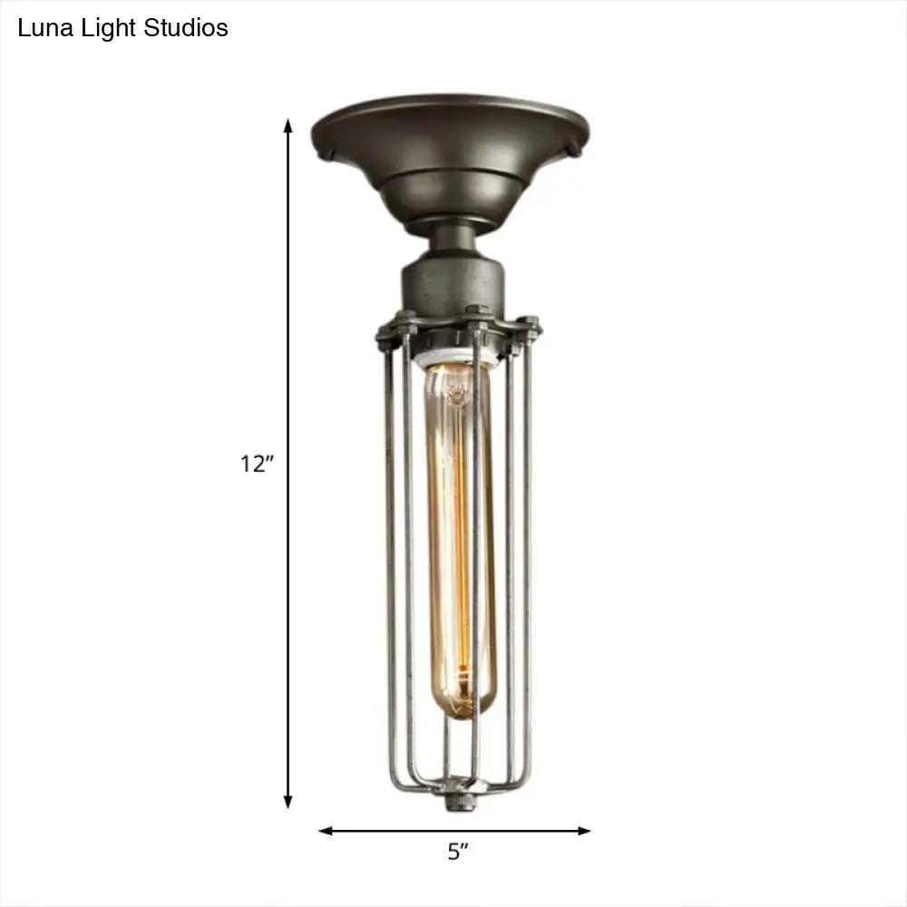 Aged Silver Tubed Cage Semi Flush Light - Retro Vintage 1 Head Balcony Ceiling Fixture