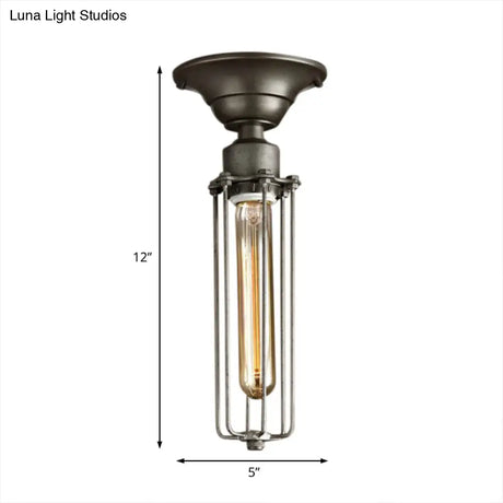 Aged Silver Tubed Cage Semi Flush Light - Retro Vintage 1 Head Balcony Ceiling Fixture