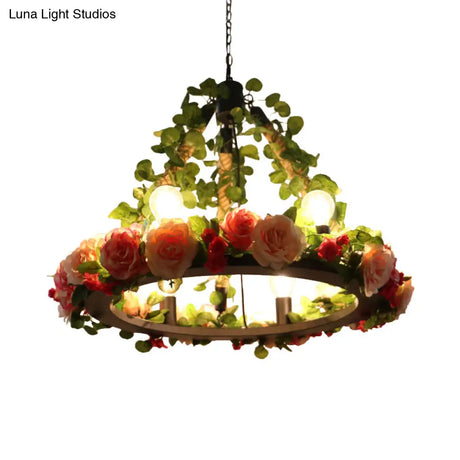 Aldhanab - Metal 6 Lights Exposed Bulb Chandelier Lamp Loft Style Black Pendant Light With Ring And