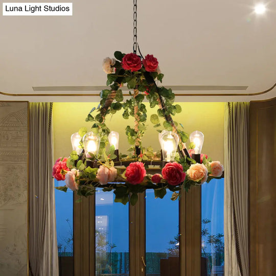 Aldhanab - Metal 6 Lights Exposed Bulb Chandelier Lamp Loft Style Black Pendant Light With Ring And