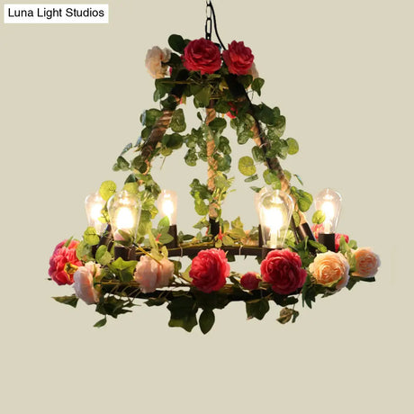 Aldhanab - Metal 6 Lights Exposed Bulb Chandelier Lamp Loft Style Black Pendant Light With Ring And