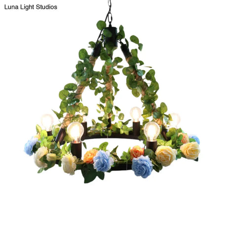 Aldhanab - Metal 6 Lights Exposed Bulb Chandelier Lamp Loft Style Black Pendant Light With Ring And