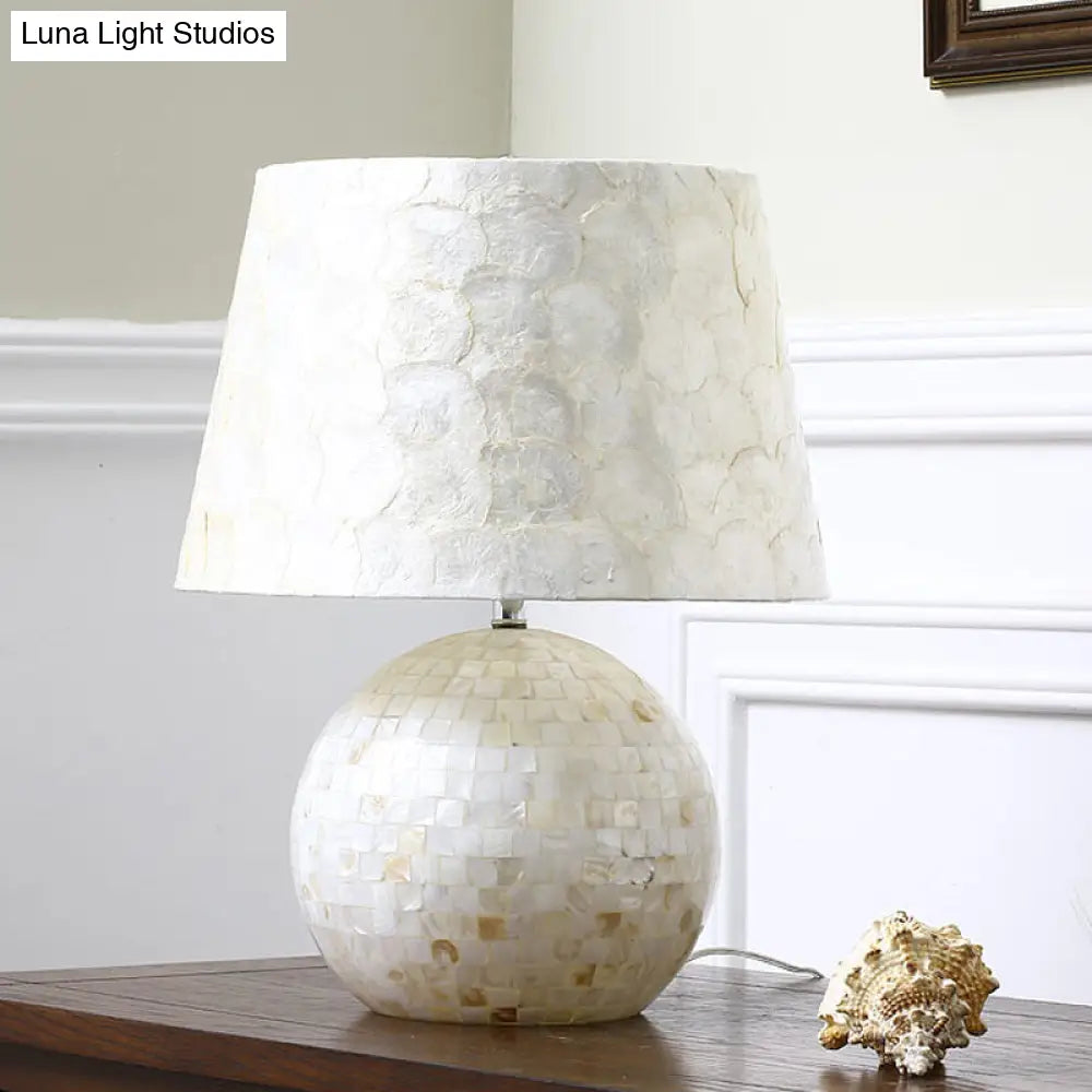 White Minimalist Globe And Drum Table Lamp - Single-Bulb Shell Nightstand Light