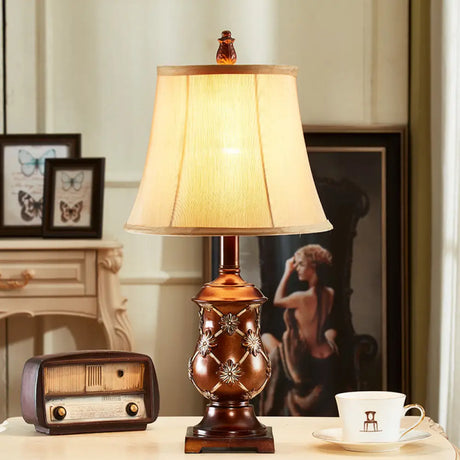 Alessia - Brown Fabric Bell Shade Night Stand Lamp Traditional Style 1-Bulb Desk Light In With Urn