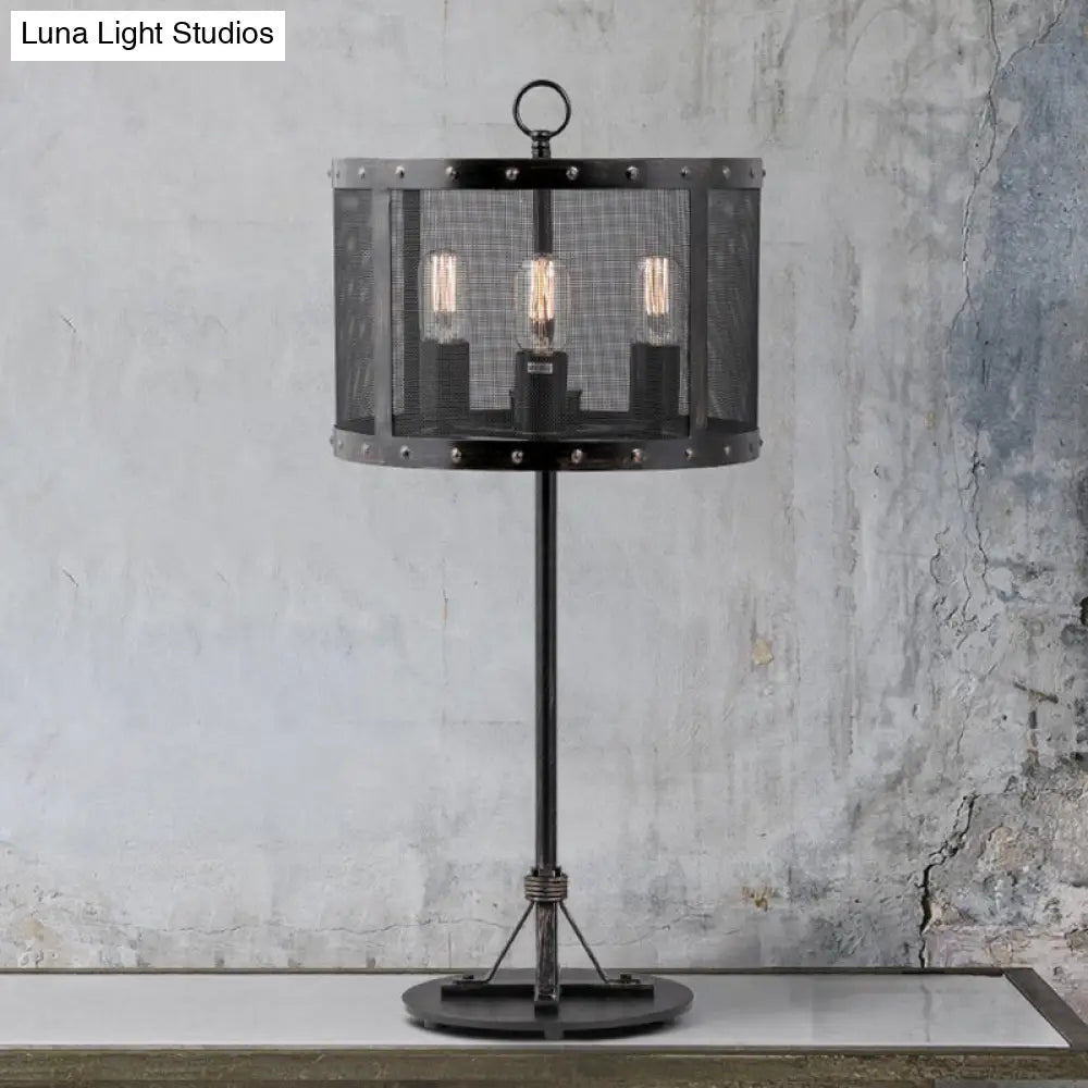 Iron Black Nightstand Light - Mesh Wire Cylinder Table Lamp With 3 Bulbs For Living Room