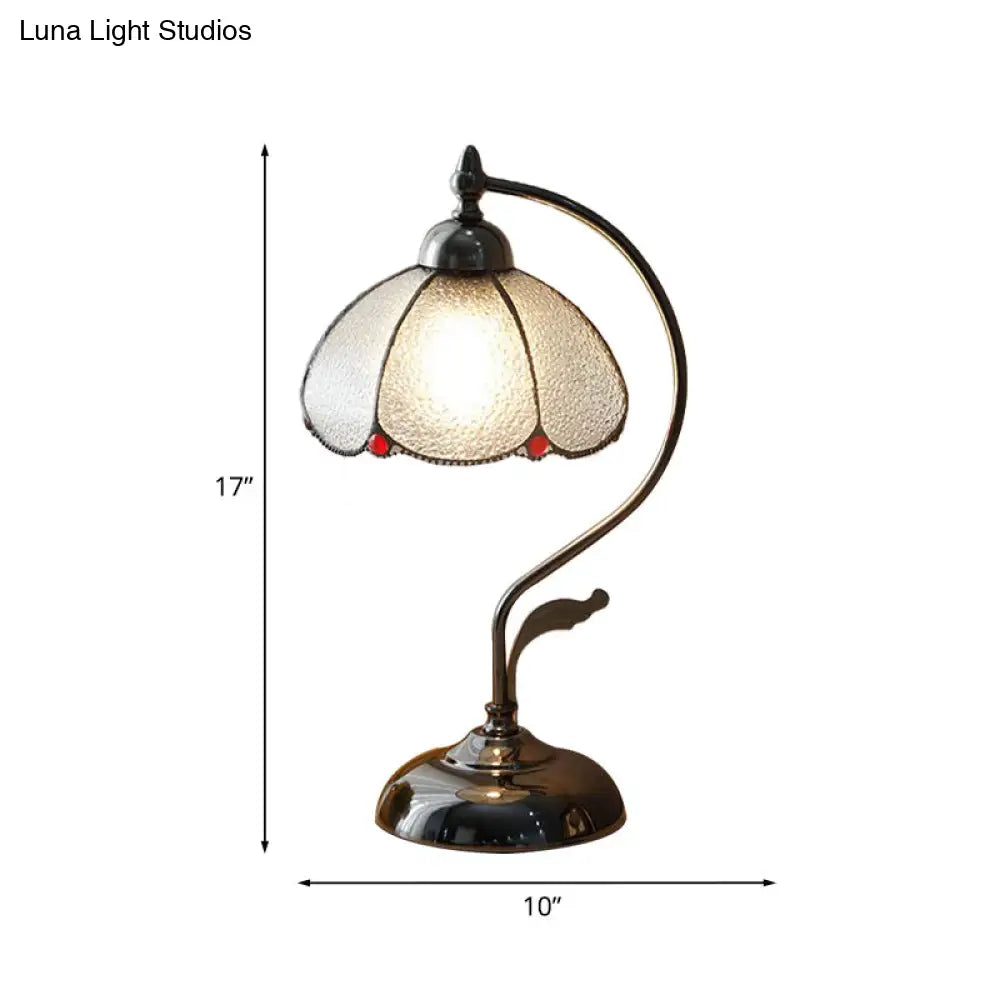 Vintage Dome Nightstand Light: Scalloped Table Lamp In Clear Water Glass With 1-Bulb Black Finish