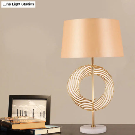 Alphecca - Vintage Drum Study Room Desk Lamp Fabric 1 Bulb Gold Night Table Light With Ring Decor