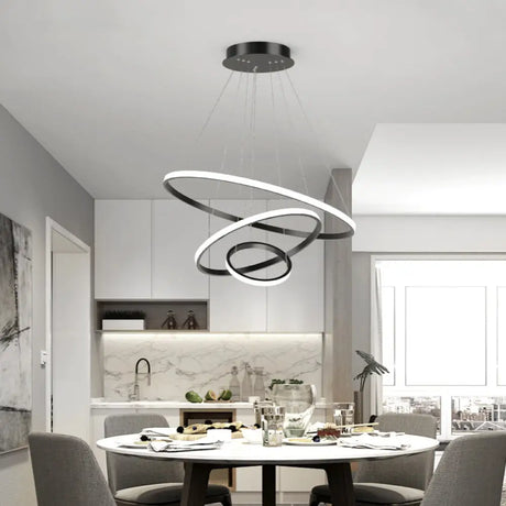 Aluminum Led Chandelier: Outer Glowing Ring Shaped Hanging Light For Restaurants Black / 3 Tiers