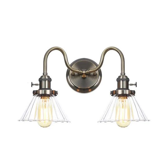 Amber/Clear Glass Wall Light With Undulated Arm In Bronze - Factory 2 Bulbs Living Room Mounted