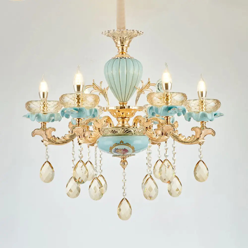 Amber Crystal Chandelier: Modern Ceramics Pendant Light In Gold For Living Room 6 /