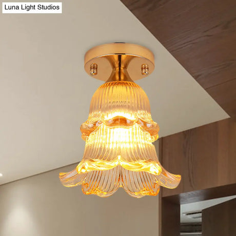 Amber Crystal Flower Corridor Ceiling Light With Gold Finish Flush Mount Single Bulb