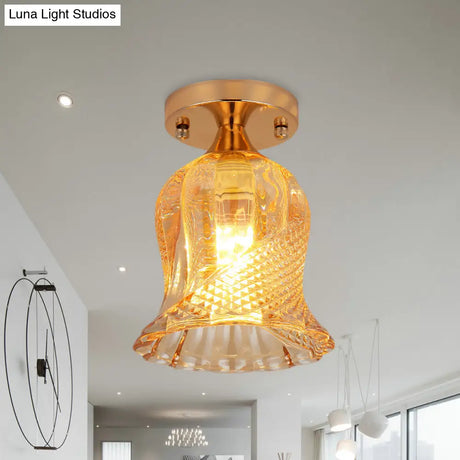 Amber Crystal Flower Corridor Ceiling Light With Gold Finish Flush Mount Single Bulb