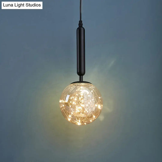 Amber Glass Ball Pendulum Light - Nordic Style Led Pendant With Starry String 1 Head Black / Warm