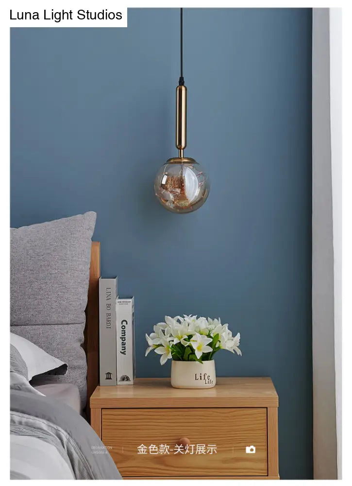 Amber Glass Ball Pendulum Light - Nordic Style Led Hanging Pendant