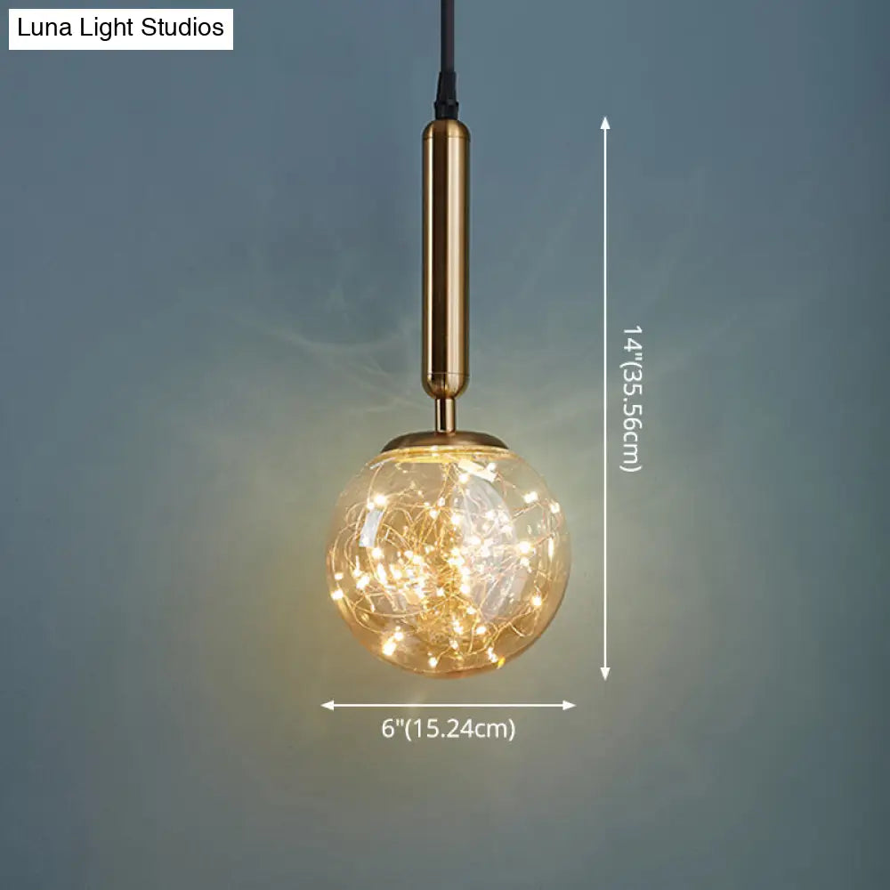 Amber Glass Ball Pendulum Light - Nordic Style Led Pendant With Starry String 1 Head