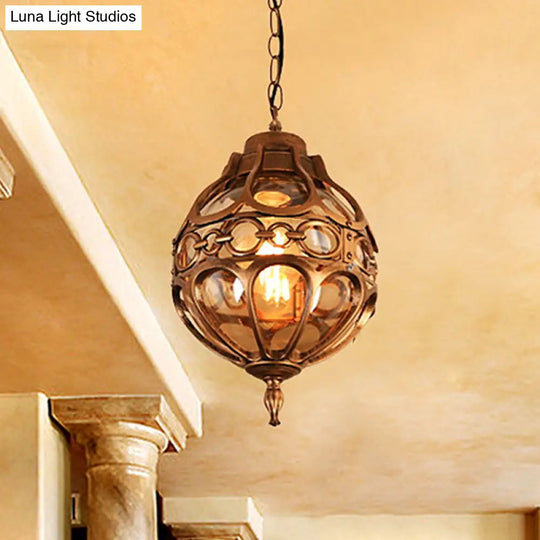 Amber Glass Loft Sphere Pendant Light - Outdoor Hanging For Balcony (7/9 W) In Black/Bronze
