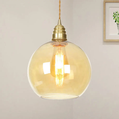 Amber Glass Pendant Lighting - Industrial Global Ceiling Light In Brass (8 /10 /12 Wide)