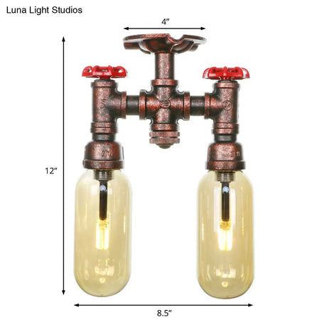 Amber Glass Semi Flush Industrial Dining Room Light Fixture In Weathered Copper - Capsule Shade 2 -