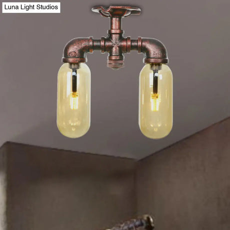 Amber Glass Semi Flush Industrial Dining Room Light Fixture In Weathered Copper - Capsule Shade 2 -