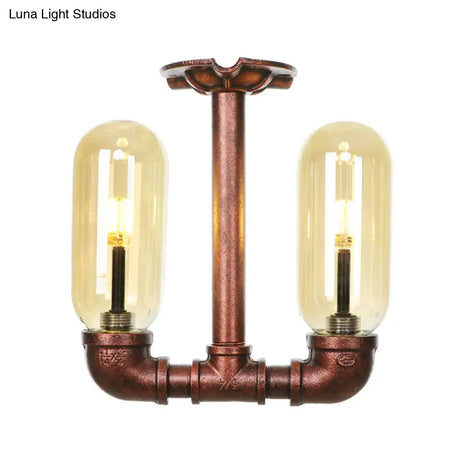 Amber Glass Semi Flush Industrial Dining Room Light Fixture In Weathered Copper - Capsule Shade 2 -