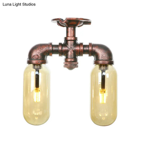 Amber Glass Semi Flush Industrial Dining Room Light Fixture In Weathered Copper - Capsule Shade 2 -