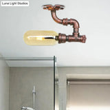 Amber Glass Semi Flush Oval Shade Light Fixture In Weathered Copper With Industrial Pipe Design For