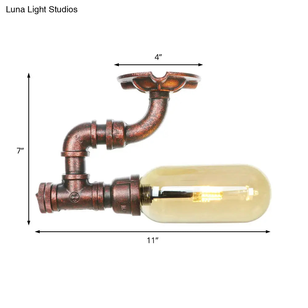 Amber Glass Semi Flush Oval Shade Light Fixture In Weathered Copper With Industrial Pipe Design For