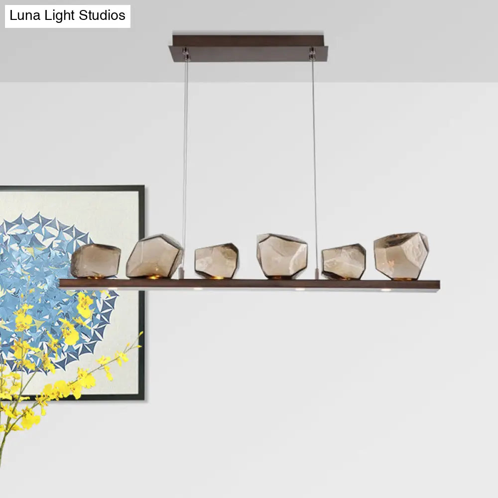 Amber Glass Stone Pendant Lamp - Minimalist 6-Bulb Island Fixture In Brown