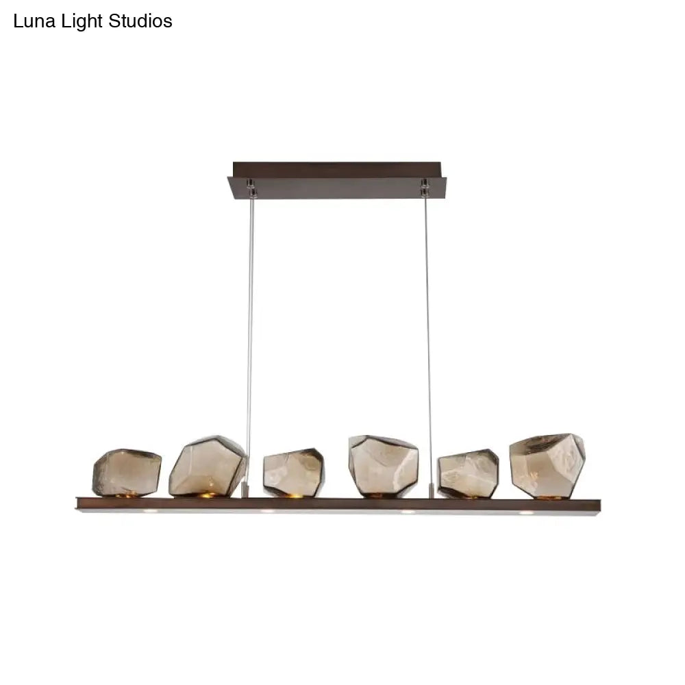 Amber Glass Stone Pendant Lamp - Minimalist 6-Bulb Island Fixture In Brown