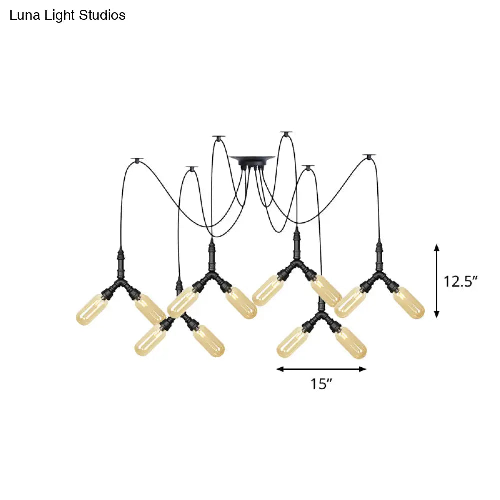 Amber Glass Swag Led Ceiling Lamp - Industrial Capsule Multi Hanging Light (4/6/12-Head) In Black