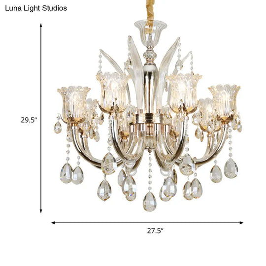 Amber Pendant Chandelier Light With Floral Clear Glass Shade - Modern Living Room Fixture 6/8-Bulb