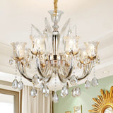 Amber Pendant Chandelier Light With Floral Clear Glass Shade - Modern Living Room Fixture 6/8-Bulb
