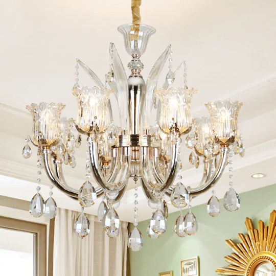Amber Pendant Chandelier Light With Floral Clear Glass Shade - Modern Living Room Fixture 6/8-Bulb
