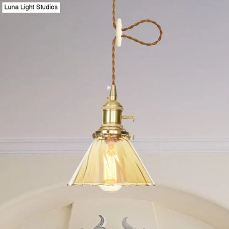 Amber Ruffle Glass Pendant Lamp - Retro Flared Style 1-Light Ceiling Hanging Light For Kitchen