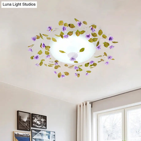 Ambient Led White Glass Semi Flush Ceiling Light - Countryside Purple Domed Design With Flower And