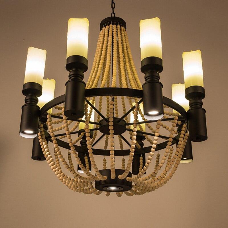 American Country Loft Vintage Big Wooden Beads Hang Pendant Lamp E27 E14 Led Lights Modern For