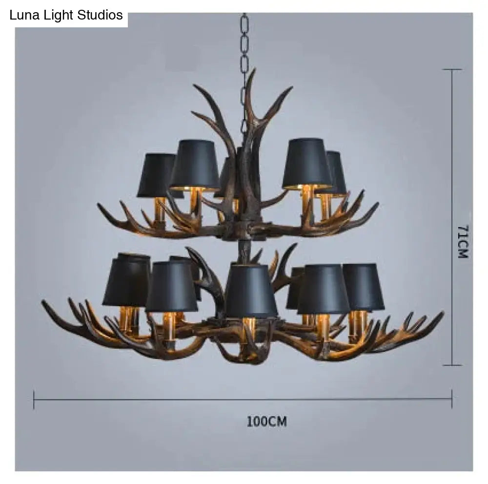 American Country Retro Style Antler 2 Tier Chandelier Lamp 15 Lights-Lampshade / Brushed Gold Black
