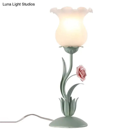 American Garden Beige/White/Green Flower Nightstand Lamp With Frosted Milky Glass For Living Room