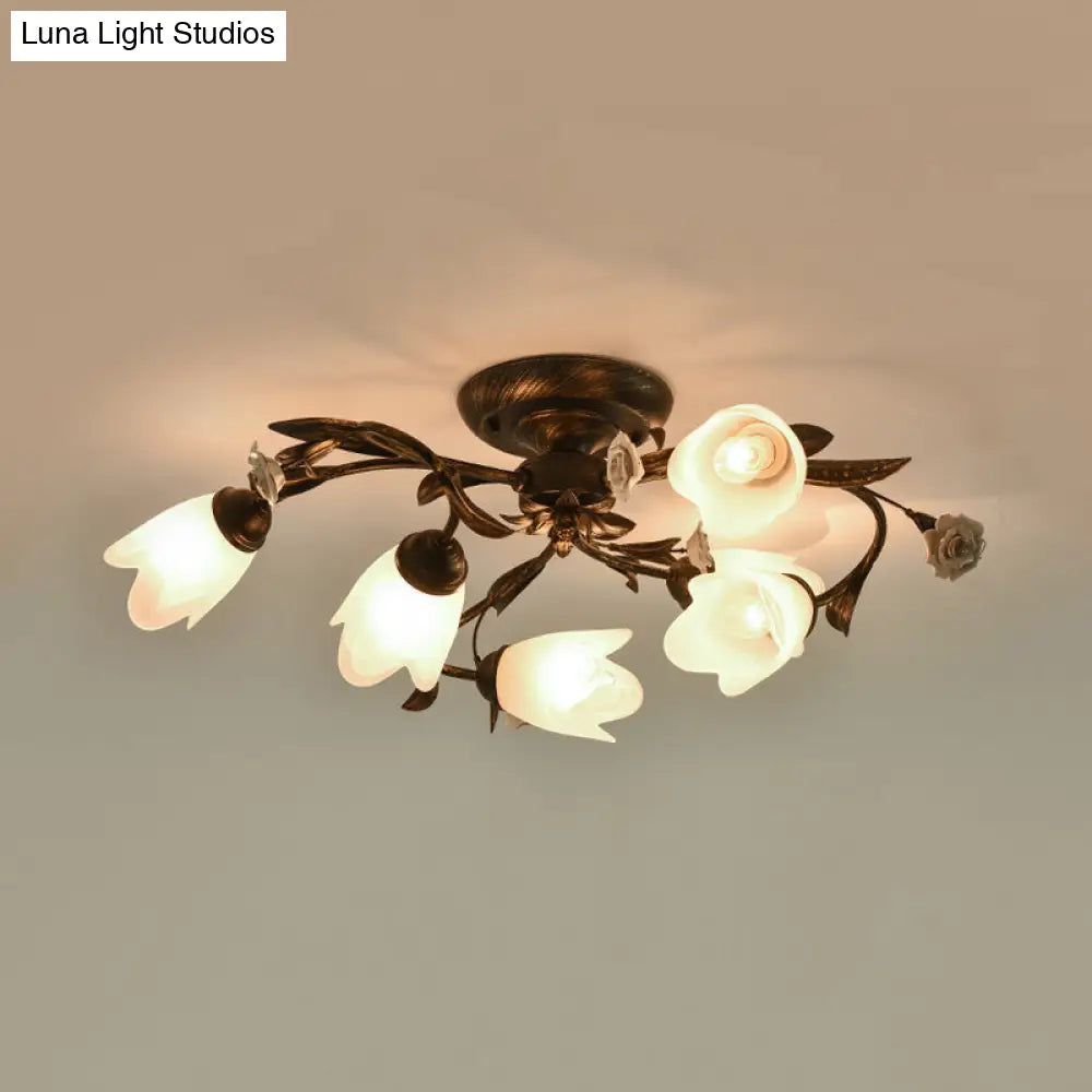 American Garden Flowers Ceilng Light - Cream Glass Semi Flush Mount Lighting In Bronze 4/6/8 Heads