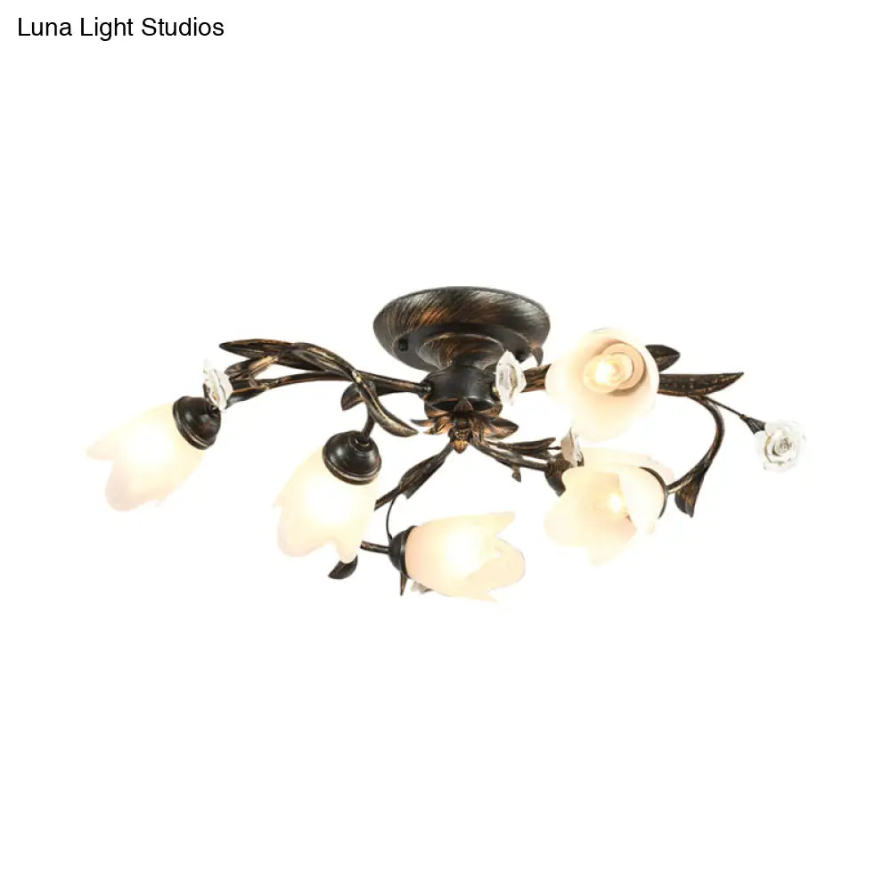 American Garden Flowers Ceilng Light - Cream Glass Semi Flush Mount Lighting In Bronze 4/6/8 Heads