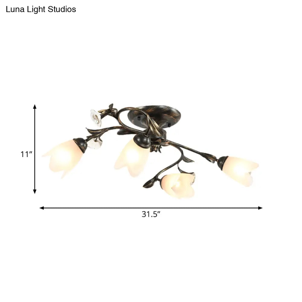 American Garden Flowers Ceilng Light - Cream Glass Semi Flush Mount Lighting In Bronze 4/6/8 Heads