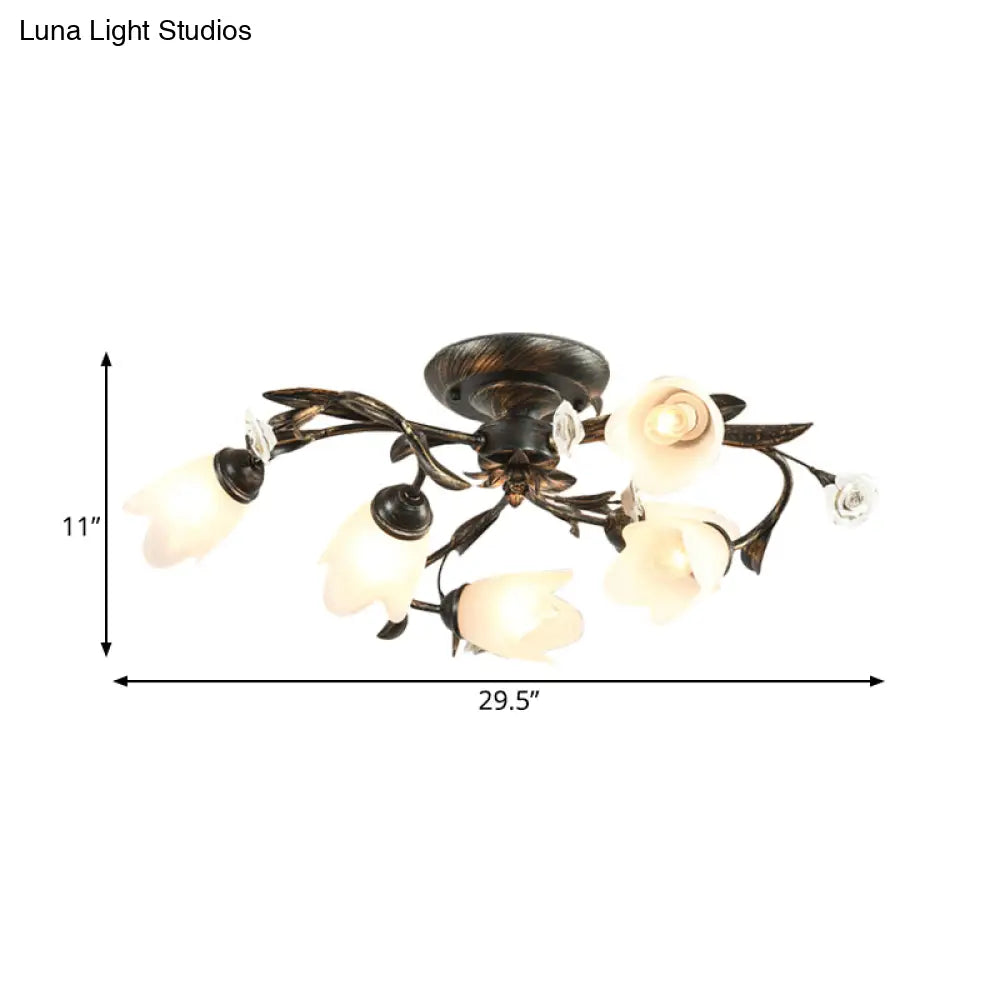 American Garden Flowers Ceilng Light - Cream Glass Semi Flush Mount Lighting In Bronze 4/6/8 Heads