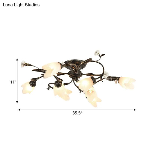 American Garden Flowers Ceilng Light - Cream Glass Semi Flush Mount Lighting In Bronze 4/6/8 Heads