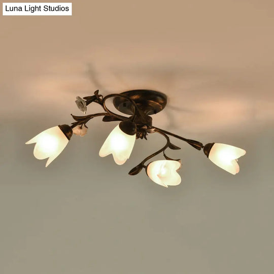 American Garden Flowers Ceilng Light - Cream Glass Semi Flush Mount Lighting In Bronze 4/6/8 Heads