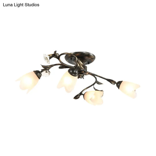 American Garden Flowers Ceilng Light - Cream Glass Semi Flush Mount Lighting In Bronze 4/6/8 Heads