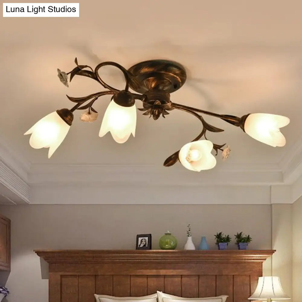 American Garden Flowers Ceilng Light - Cream Glass Semi Flush Mount Lighting In Bronze 4/6/8 Heads 4